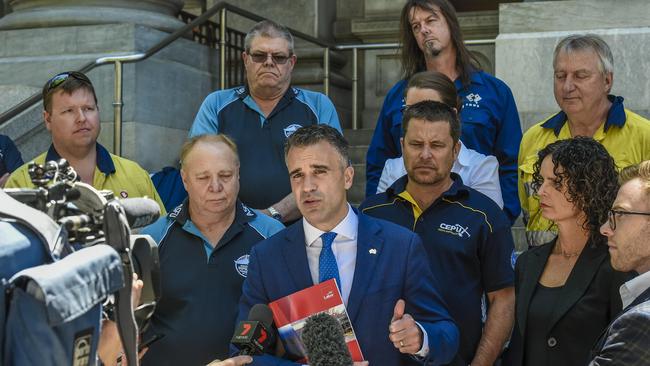 Submarine maintenance workers at Parliament House with Opposition Leader Peter Malinauskas in late 2019. Picture: Roy Vandervegt