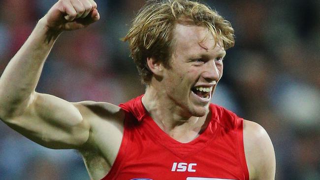 Callum Mills celebrates a goal for the Swans. Picture: Getty Images