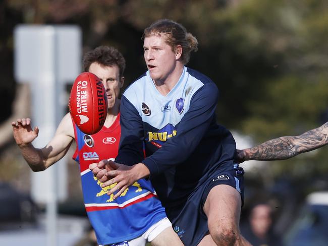 Sheldon Smith Lindisfarne and Bradley Blake Huonville Lions. SFL preliminary final - Lindisfarne V Huonville Lions. Picture: Nikki Davis-Jones