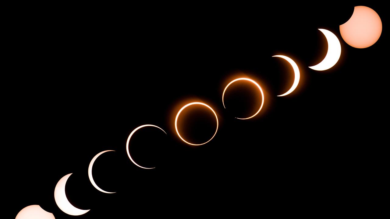 This composite image shows the moon as it moves in front of the sun in a rare ‘ring of fire’ solar eclipse as seen from Tanjung Piai in Malaysia on December 26, 2019. A similar phenomenon is set to occur this Sunday. Picture: Sadiq Asyraf/AFP