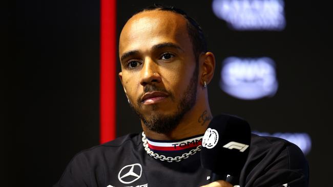 JEDDAH, SAUDI ARABIA - MARCH 16: Lewis Hamilton of Great Britain and Mercedes attends the Drivers Press Conference during previews ahead of the F1 Grand Prix of Saudi Arabia at Jeddah Corniche Circuit on March 16, 2023 in Jeddah, Saudi Arabia. (Photo by Bryn Lennon/Getty Images)