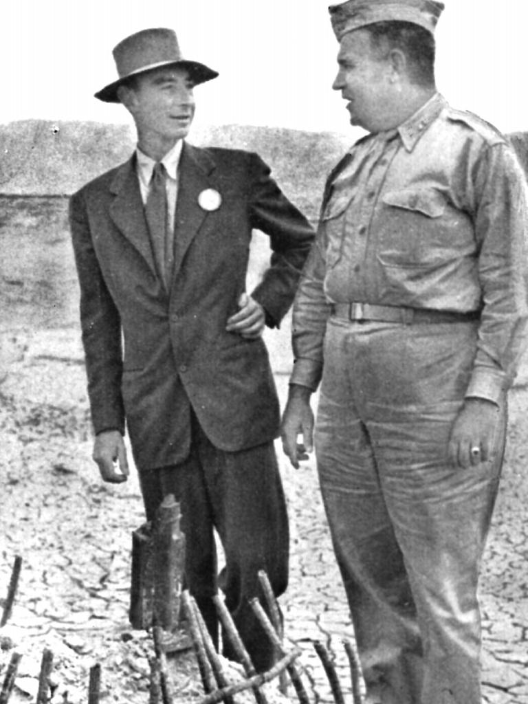 Dr Oppenheimer and Major General Groves at New Mexico atomic test site.