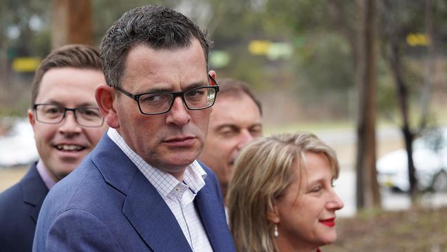 Daniel Andrews gets down to business, talking up the North East Link at Greensborough, in Melbourne’s northeast. Picture: AAP