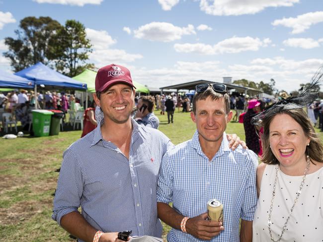 Siblings (from left) Tim, Doug and Jane McClymont celebrate Doug's 40th birthday with a surprise party for him at the Clifton Races, Saturday, October 28, 2023. Picture: Kevin Farmer