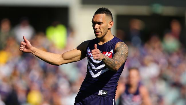 Harley Bennell celebrates a goal for the Dockers in 2017. Picture: Getty Images