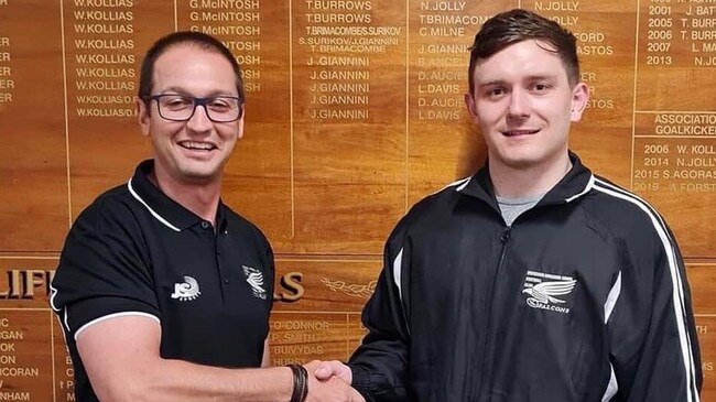 PNU's Ben Sawford (right) alongside coach Jeremy Cini. Sawford has been top drawer for the Falcons so far. Picture: Payneham Norwood Union