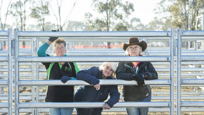 Barmah Brumby Preservation Group president Julie Pridmore with volunteers Sue Lubke and Cheryl Hill in the yards they built on their horse sanctuary. Picture: Zoe Phillips