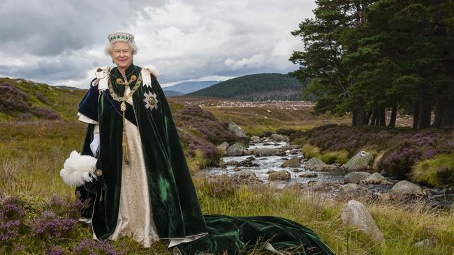 Queen Elizabeth II dressed in the Most Ancient and Most Noble Order of the Thistle robes at her Balmoral estate in Aberdeenshire. Picture: Julian Calder/ Camera Press/Australscope