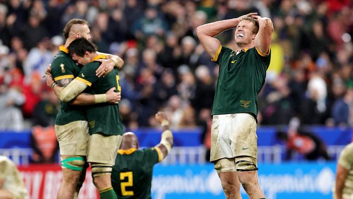 PARIS, FRANCE - OCTOBER 21: Pieter-Steph Du Toit of South Africa celebrates following the team’s victory during the Rugby World Cup France 2023 match between England and South Africa at Stade de France on October 21, 2023 in Paris, France. (Photo by David Rogers/Getty Images)