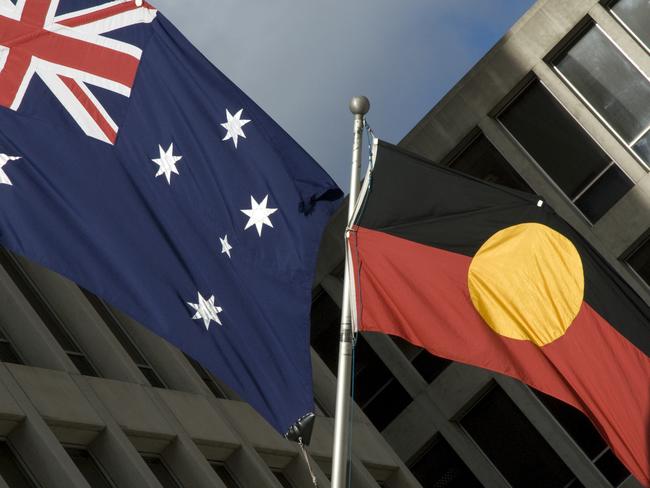 Australia's two flags - British and aboriginal - flying together in downtown Melbourne. Indigenous. iStock picture