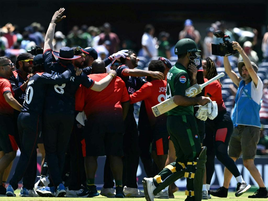 USA's players celebrate after their shock win over Pakistan. Picture: Andrew Caballero-Reynolds/AFP