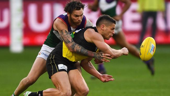 Dion Prestia finished with 31 touches in his first return to the Tigers midfield. Picture: Daniel Carson/AFL Photos