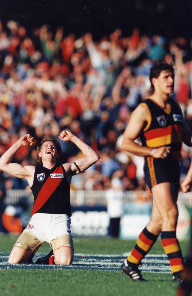 James Hird celebrates on the siren in the 1993 prelim. Picture: Ray Titus