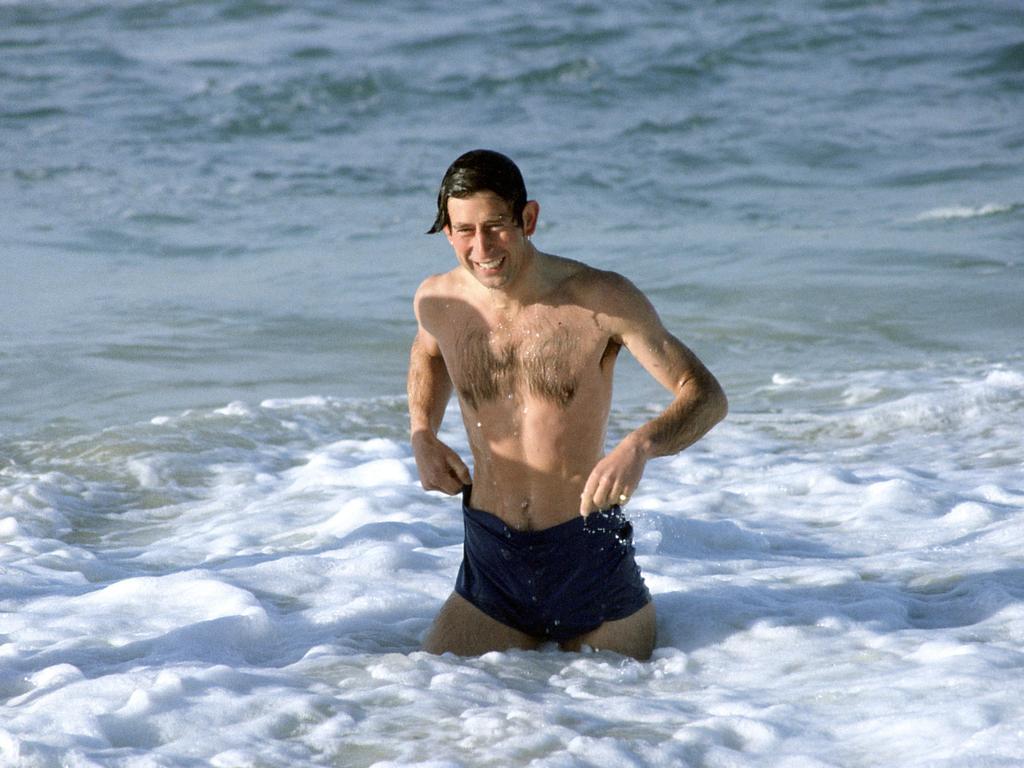 Prince Charles emerges from the ocean after a dip at Bondi. Picture: Getty Images