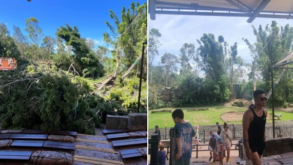 A before and after image of damage to Dreamworld after the Christmas Day storm on the Gold Coast. Picture: Supplied.