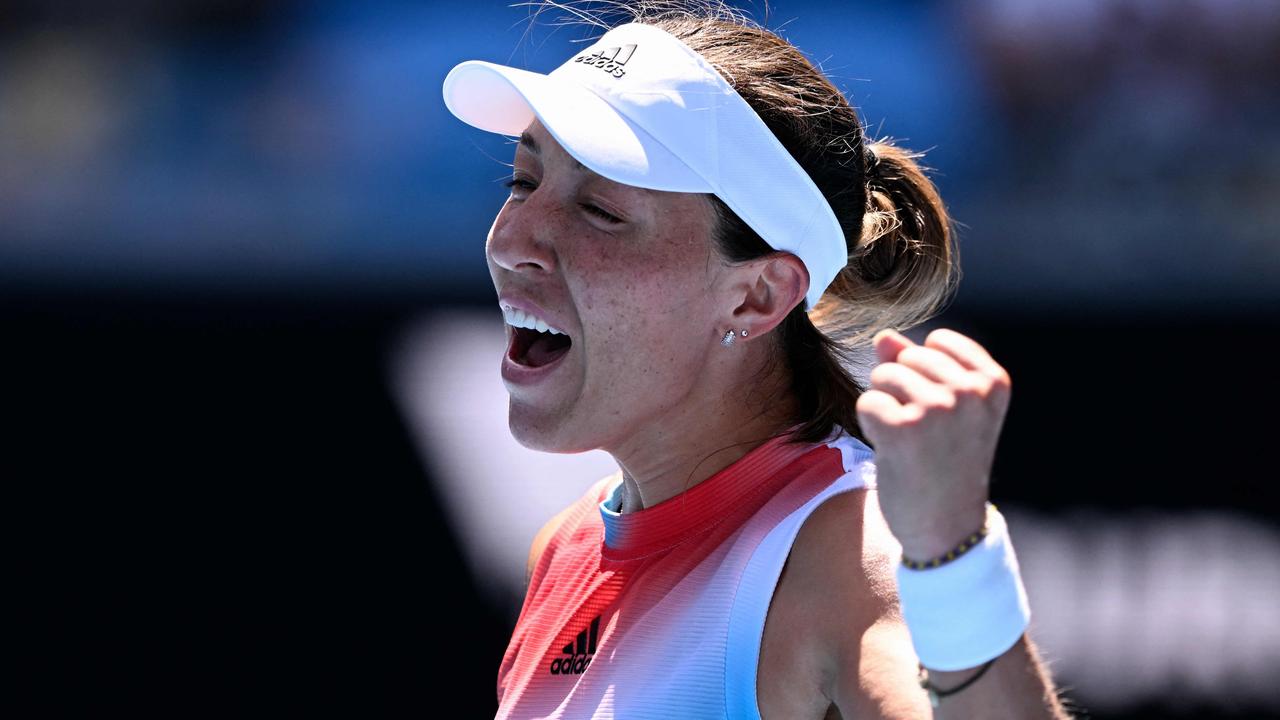 Jessica Pegulacelebrates after winning her match against Greece's Maria Sakkari. Picture: AFP