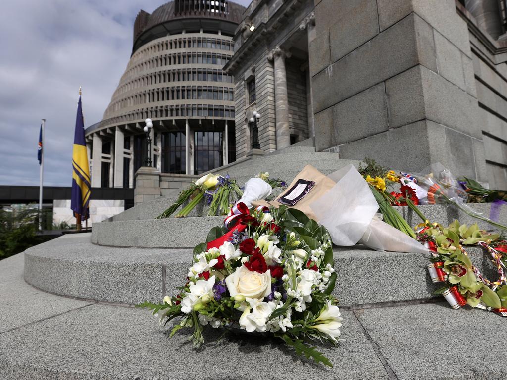 Flowers laid on the steps of parliament in Wellington during the proclamation of accession ceremony to acknowledge the passing of Queen Elizabeth and King Charles III as the King of New Zealand. Picture: Getty.