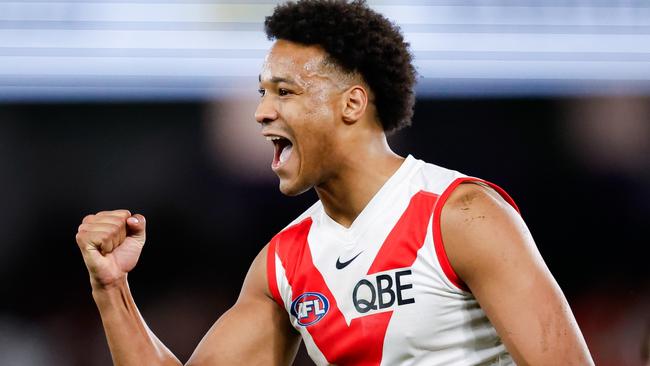 MELBOURNE, AUSTRALIA - AUG 16: Joel Amartey of the Swans celebrates a goal during the 2024 AFL Round 23 match between Essendon Bombers and the Sydney Swans at Marvel Stadium on August 16, 2024 in Melbourne, Australia. (Photo by Dylan Burns/AFL Photos via Getty Images)