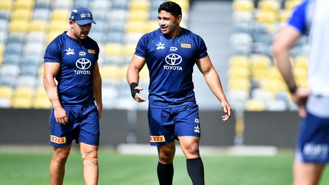 NRL; North Queensland Cowboys training at Queensland Country Bank Stadium. Reece Robson and Jason Taumalolo . Picture: Alix Sweeney