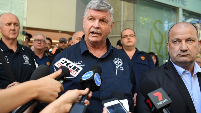 RTBU NSW Secretary Alex Claassens (left) and Secretary of Unions NSW Mark Morey leaving a meeting with Sydney Trains in Sydney last week. Picture: AAP Image/David Moir.