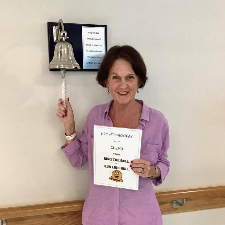 Former Currumbin MP Jann Stuckey rings a bell at John Flynn Private Hospital in Tugun following the completion of her chemotherapy.