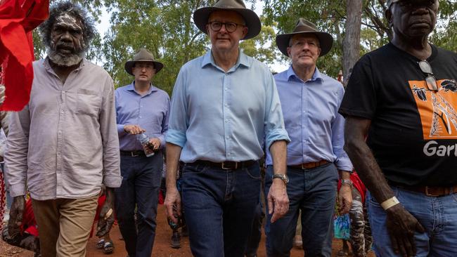 Mr Leeser (left) accompanied Anthony Albanese to Garma Festival last year, where the Prime Minister unveiled his draft Voice proposal. Picture: Tamati Smith / Getty Images