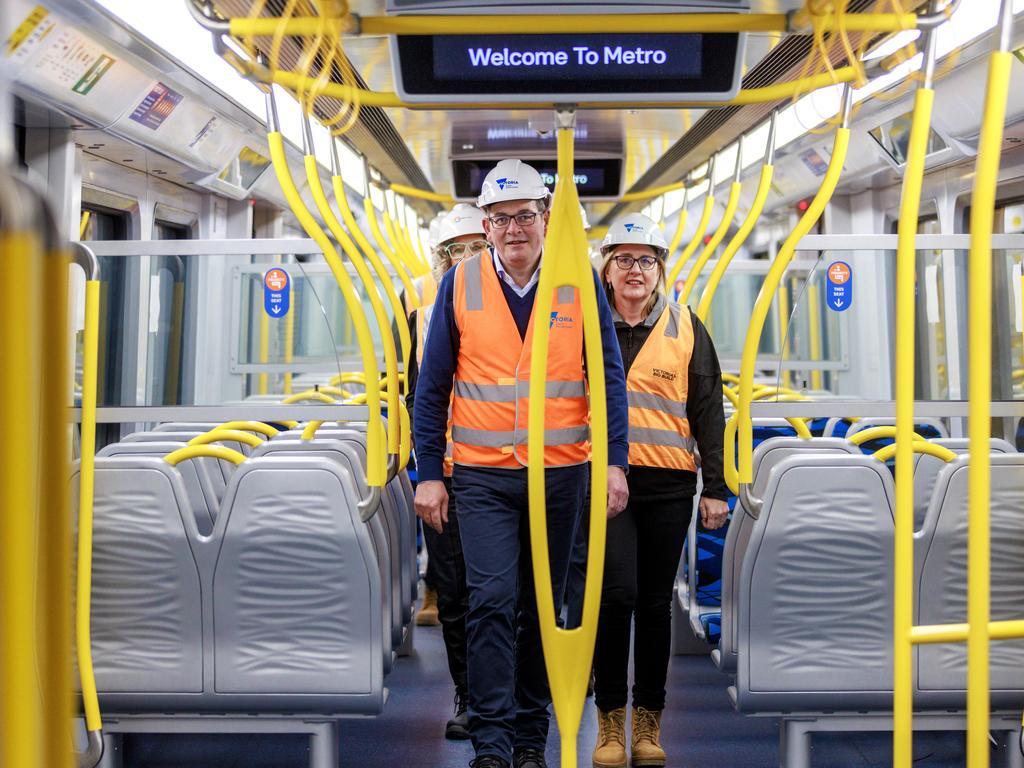 Daniel Andrews and Jacinta Allan inspecting a new train at Anzac station in 2023. Picture: David Geraghty