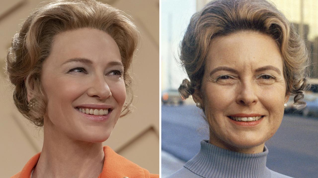 Cate Blanchett and the real Phyllis Schlafly. Picture: Sabrina Lantos/FX via AP, left, and AP Photo