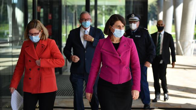 NSW Premier Gladys Berejiklian, chief health officer Kerry Chant and Health Minister Brad Hazzard. Picture: NCA NewsWire/Joel Carrett