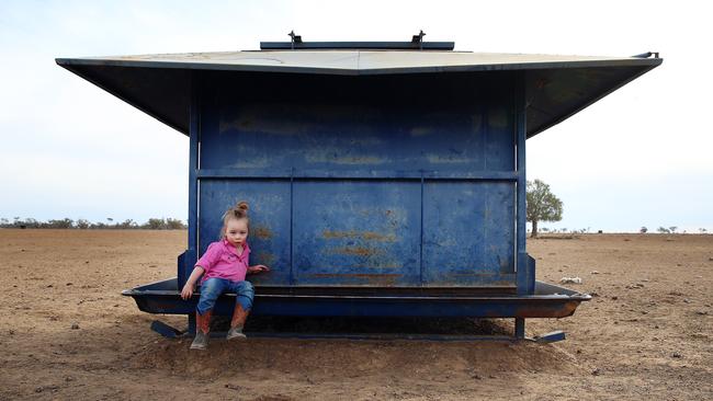 Eve Holcombe, three, on her father's dry 6900-hectare property near Walgett. Picture: Sam Ruttyn