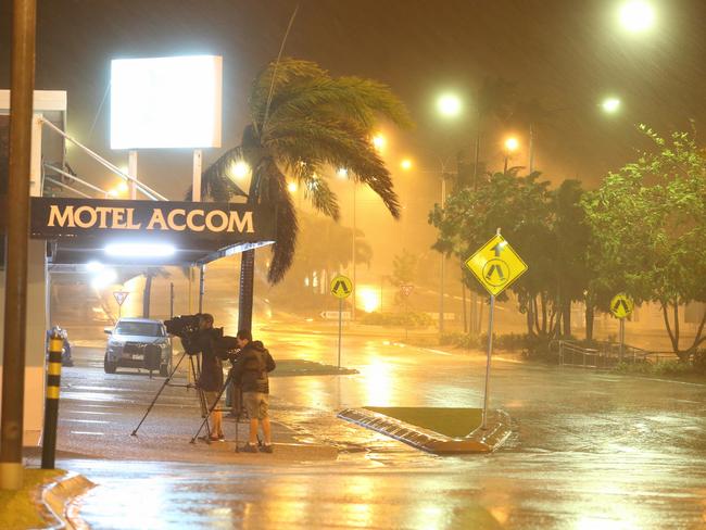 The main street of Bowen begins to feel the first effects of driving rain and strong winds of tropical cyclone Debbie, in Bowen, Nth QLD. Picture: Lyndon Mechielsen/The Australian