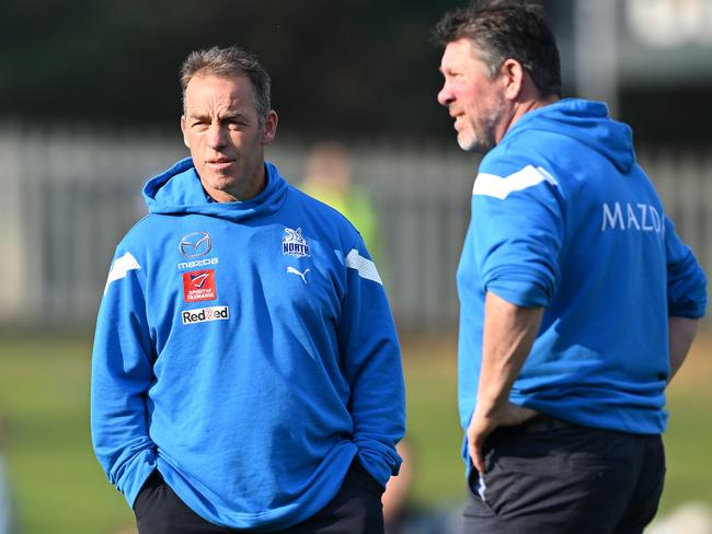 HOBART, AUSTRALIA - MAY 13: Alastair Clarkson, Senior Coach of the Kangaroos is seen during the round nine AFL match between North Melbourne Kangaroos and Port Adelaide Power at Blundstone Arena, on May 13, 2023, in Hobart, Australia. (Photo by Steve Bell/Getty Images)