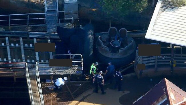 Police at the scene of the Dreamworld tragedy. Photo: David Clark