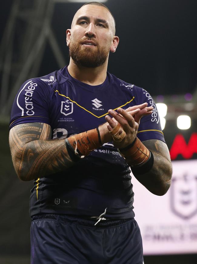 Nelson Asofa-Solomona thanks Storm fans after last week’s dramatic win over the Roosters. Picture: Daniel Pockett/Getty Images