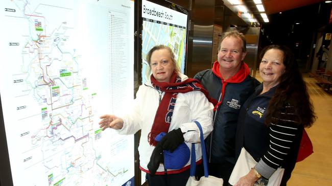 The Gold Coast G Tram took its first members of the public today with free travel on offer along the entire route from Broadbeach to the Gold Coast University Hospital. First people at the Broadbeach South station waiting for the first tram to arrive. Glady Brennan, Mickey Brennan and Robyn Brennan. Picture by Scott Fletcher