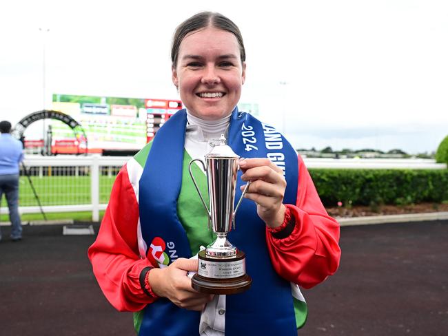 Cejay Graham lands the biggest win of her career on Kintyre in the Group 2 Queensland Guineas at Eagle Farm for trainer Gary Portelli. Picture: Grant Peters - Trackside Photography.