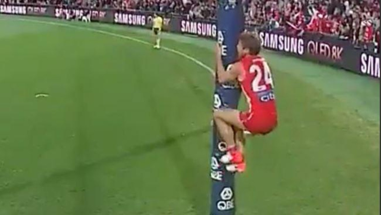 Dane Rampe climbed the goalpost in the dying stages of the round 8 game against Essendon. Picture: Channel 7