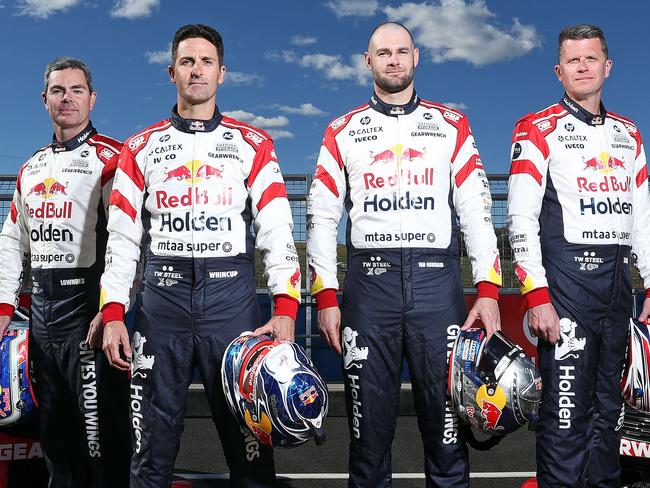 WARNING ON HOLD - SPEAK TO PICTURE DESK BEFORE USE - SUPERCARS BATHURST 1000 - Pictured are Redbull Holden Racing Team Drivers Craig Lowndes, Jamie Whincup, Shane Van Gisbergen and Garth Tander, in Pit Lane at Mount Panorama today ahead of this weekends Bathurst 1000. Picture: Tim Hunter.