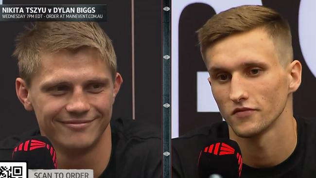 Nikita Tszyu and Dylan Biggs traded barbs in a fiery press conference. Photo: Fox Sports.