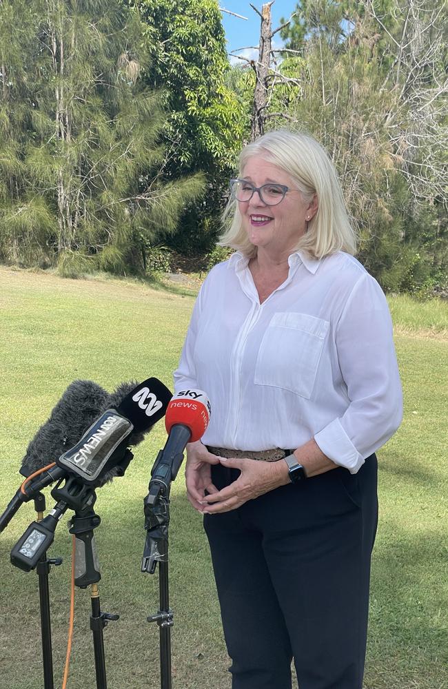 MacPherson MP Karen Andrews announces her retirement from politics outside The Pines shopping centre in Elanora on April 18, 2023. Picture: Lea Emery