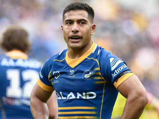 SYDNEY, AUSTRALIA - AUGUST 06: Will Penisini of the Eels looks on during the round 23 NRL match between Parramatta Eels and St George Illawarra Dragons at CommBank Stadium on August 06, 2023 in Sydney, Australia. (Photo by Brett Hemmings/Getty Images)