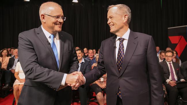 Scott Morrison and Bill Shorten did their best to avoid any slip-ups in the first leaders’ forum, on Monday. Picture: AAP