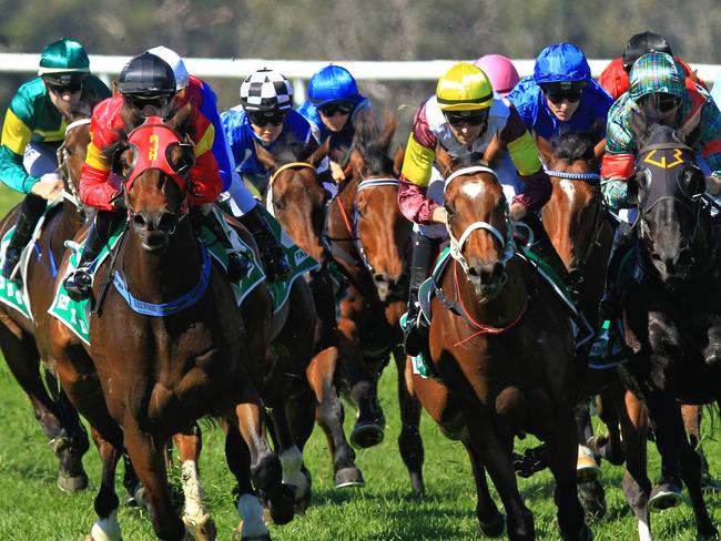 Loving home ridden by Tye Angland  (yellow cap, maroon with yellow armbands) wins race 1 during Scone  Races located in the Upper Hunter Region of NSW. The Bend . Pic Jenny Evans