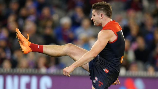 Jesse Hogan kicks at goal. Picture: Michael Klein