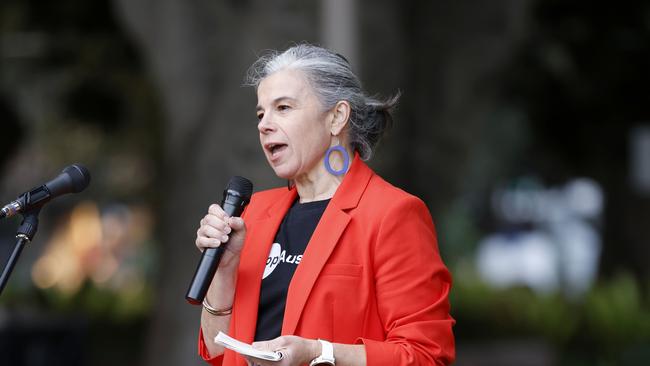 Karen Bevan pictured speaking at the domestic violence rally in Sydney's Hyde Park. She said domestic violence assaults had risen more than 40 per cent in five years. Picture: NewsWire / Damian Shaw