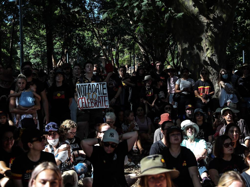 crowd gathers during the Invasion Day protest at Belmore Park on January 26, 2023 in Sydney, Australia. Source: Photo by Roni Bintang/Getty Images)