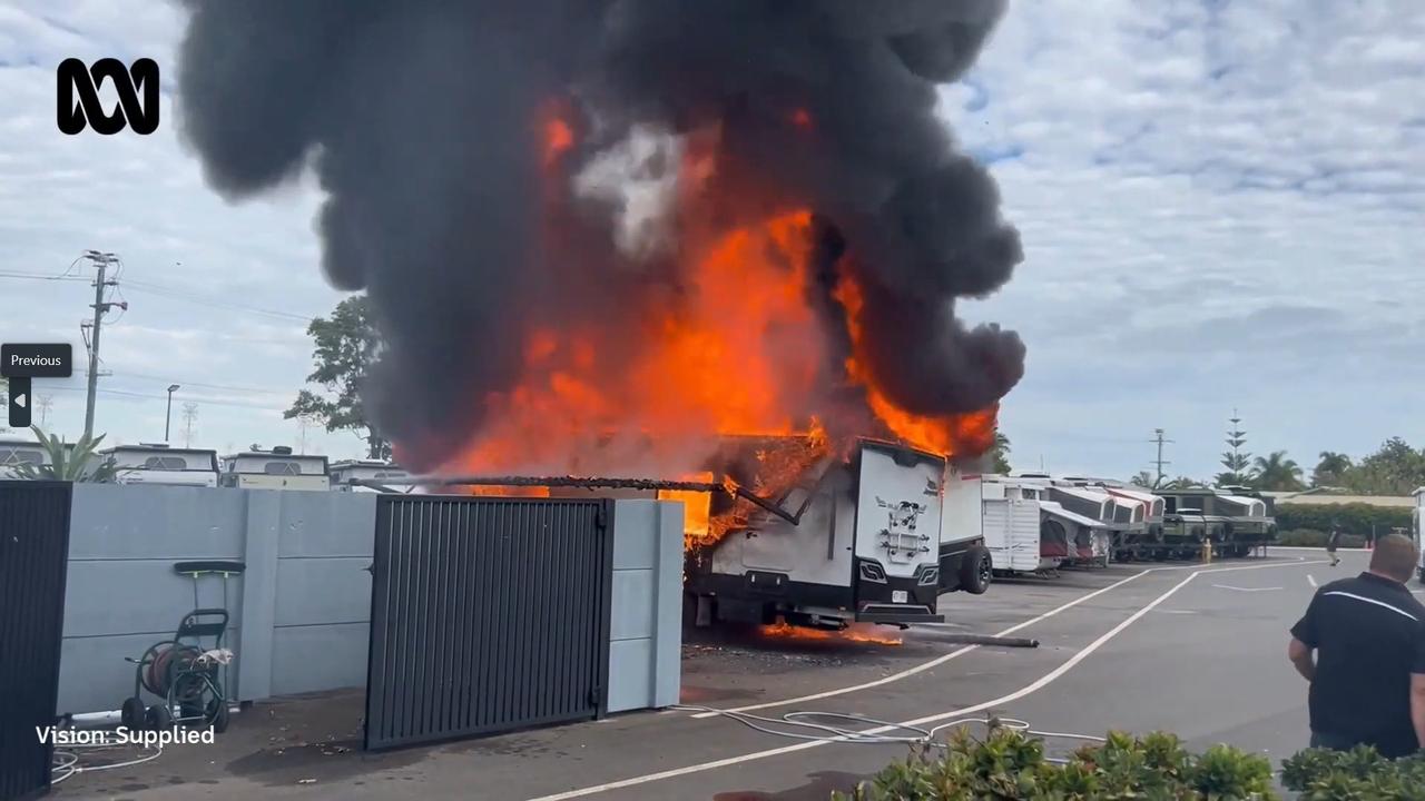 An exploding lithium battery is believed to be responsible for a fierce blaze that erupted in a caravan in Bundaberg on Monday, destroying the van and damaging another. Pictures and video submitted to the ABC Wide Bay.