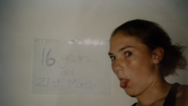 Sarah Kopp the day of her 16th birthday. This photo, and the one taken the day before, referenced the significance of the milestone – turning 16 meant she had reached the legal age of consent in Queensland. Picture: Supplied.