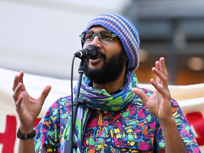 BRISBANE, AUSTRALIA - NewsWire Photos - AUGUST 19, 2023. Jonathan Sri (Sriranganathan), the Greens candidate for Mayor of Brisbane, speaks during a housing rally outside Labor's 49th National Conference in Brisbane.Picture: Dan Peled / NCA NewsWire