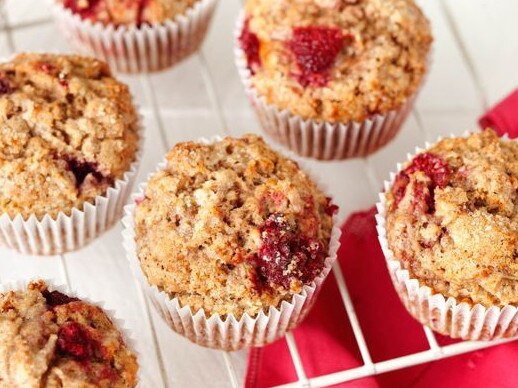 Pear, coconut and raspberry spelt muffins.